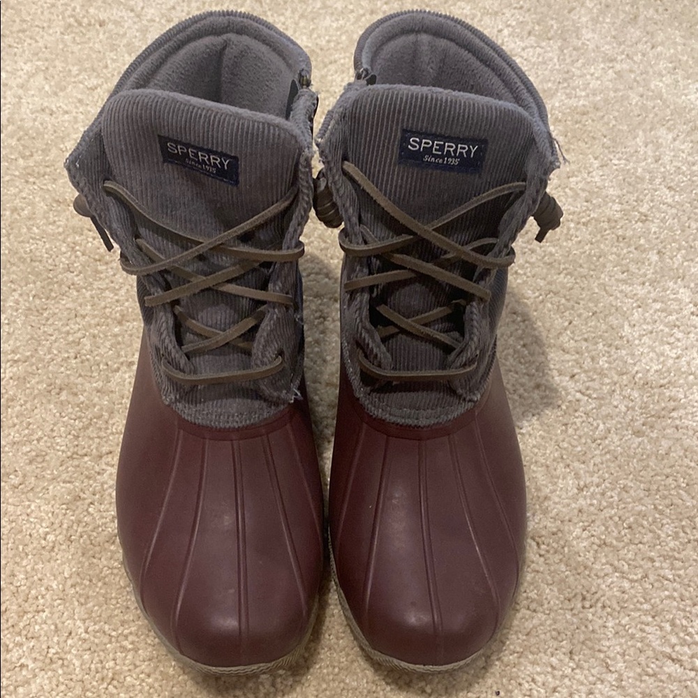 Sperry Maroon and Gray Duck Boots
